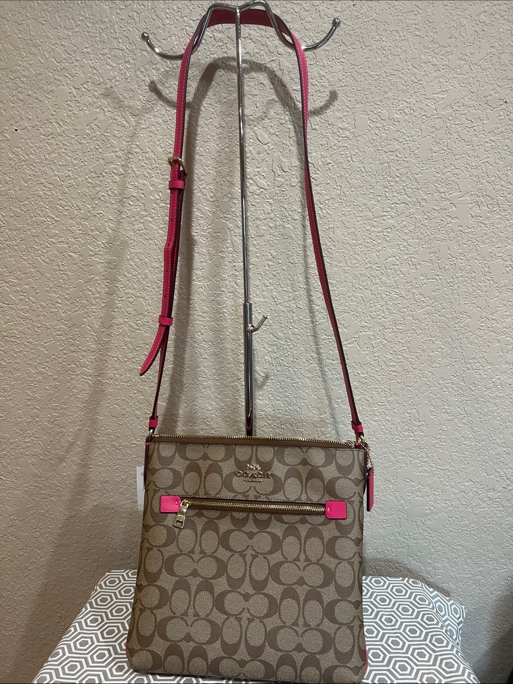 Coach Brown Signature Crossbody with Pink Trim